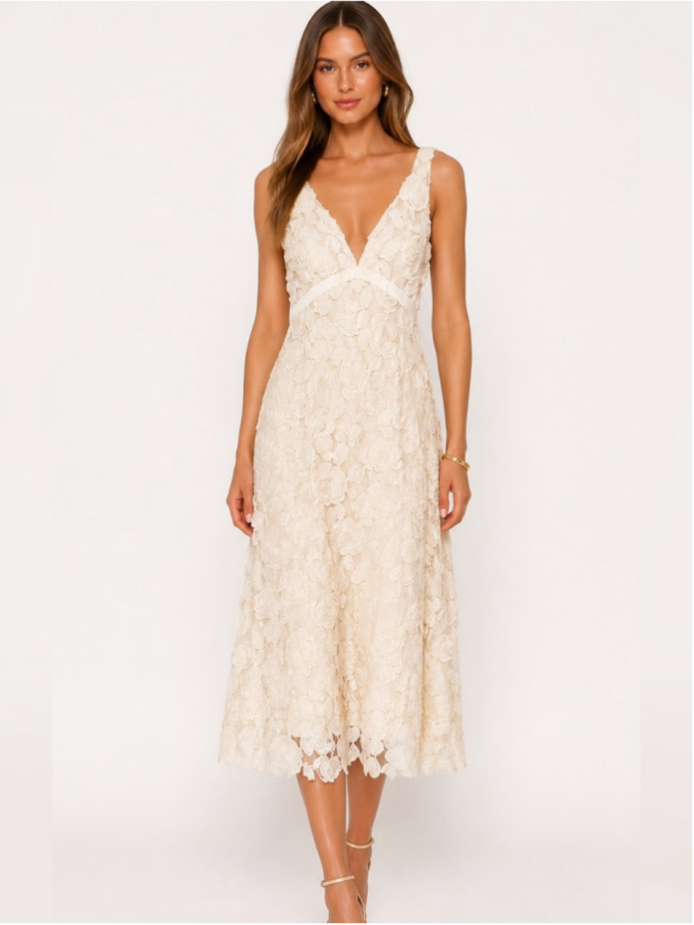 Sleeveless V-Neck Lace Midi Dress in Cream Cream 3D Floral